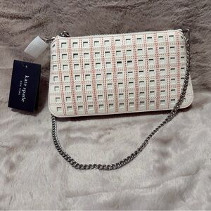kate spade Grace Perforated Pochette White and Blush Cutout Grid Chain Shoulder